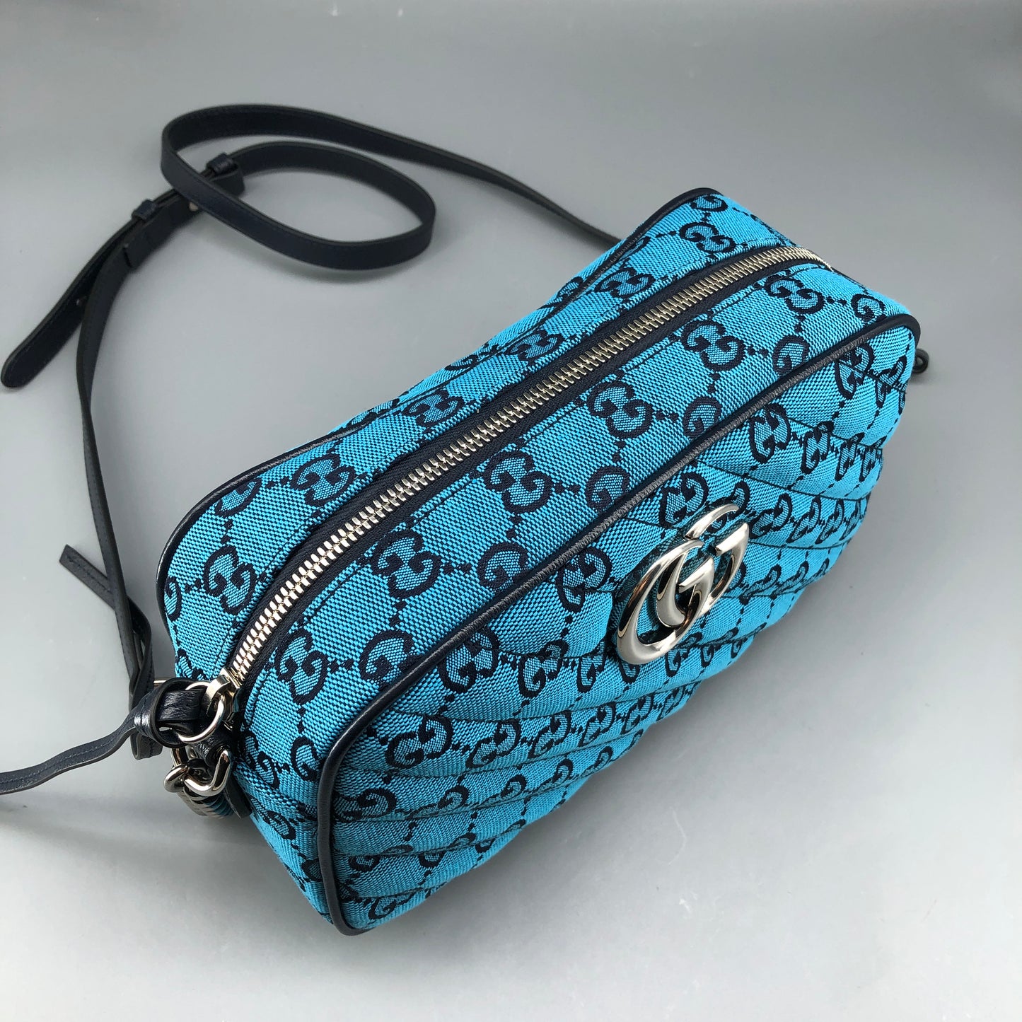 Gucci GG Marmont Small Camera Bag in Blue Diagonal Quilted Canvas