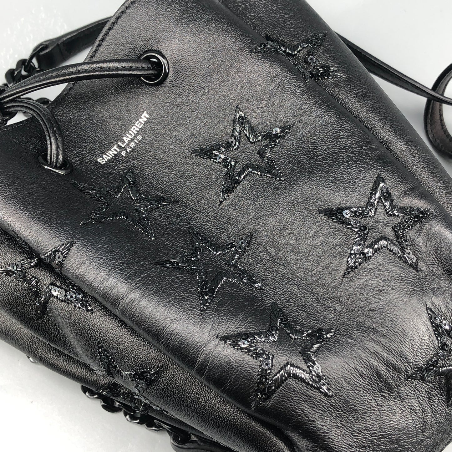 Saint Laurent Star Embossed Leather Mini Drawstring Bucket Bag Black