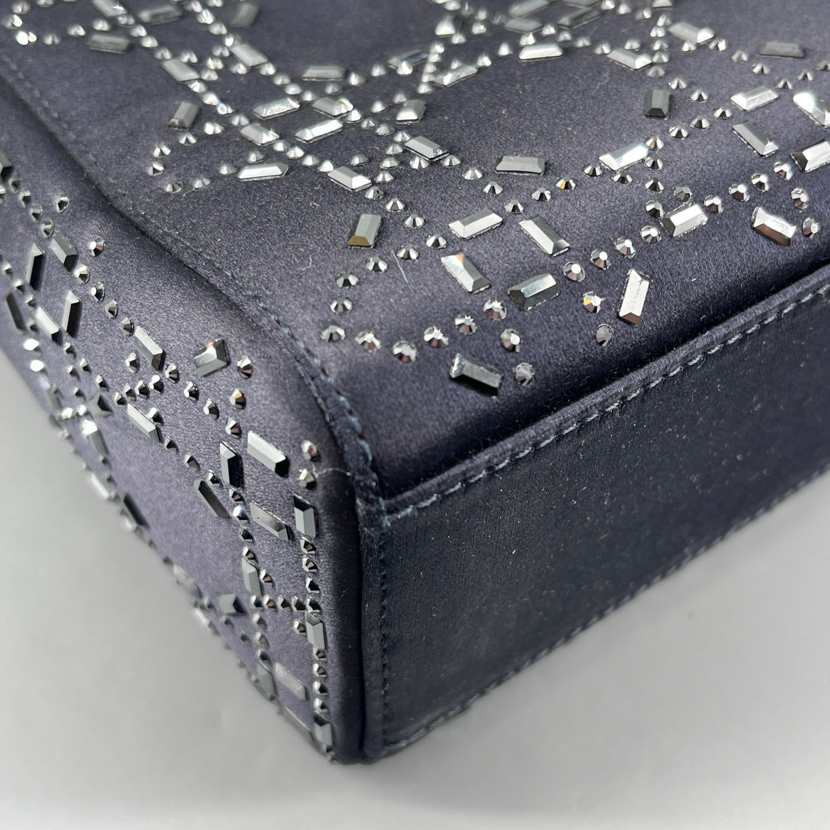 Christian Dior Navy Blue Satin Beaded Lady Dior Handbag