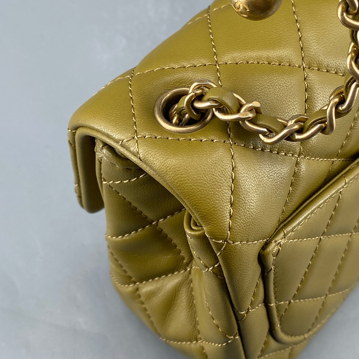 Chanel Olive Green Quilted  Lambskin Ball Charm Flap Bag