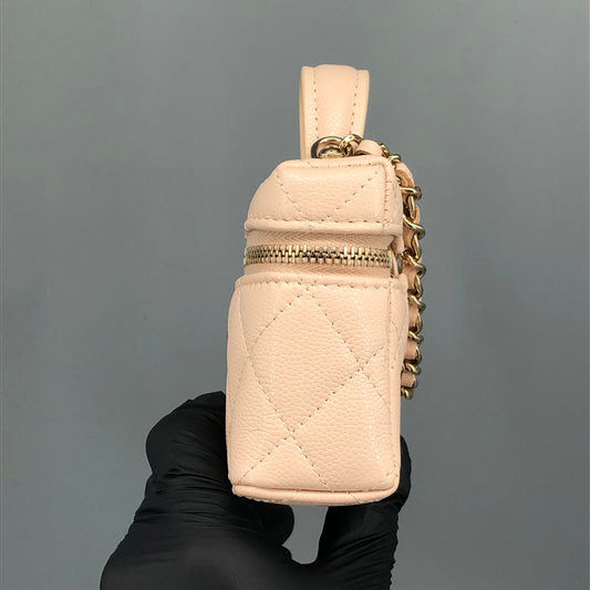 Chanel Caviar Quilted Top Handle Slim Vanity With Chain Beige/Nude