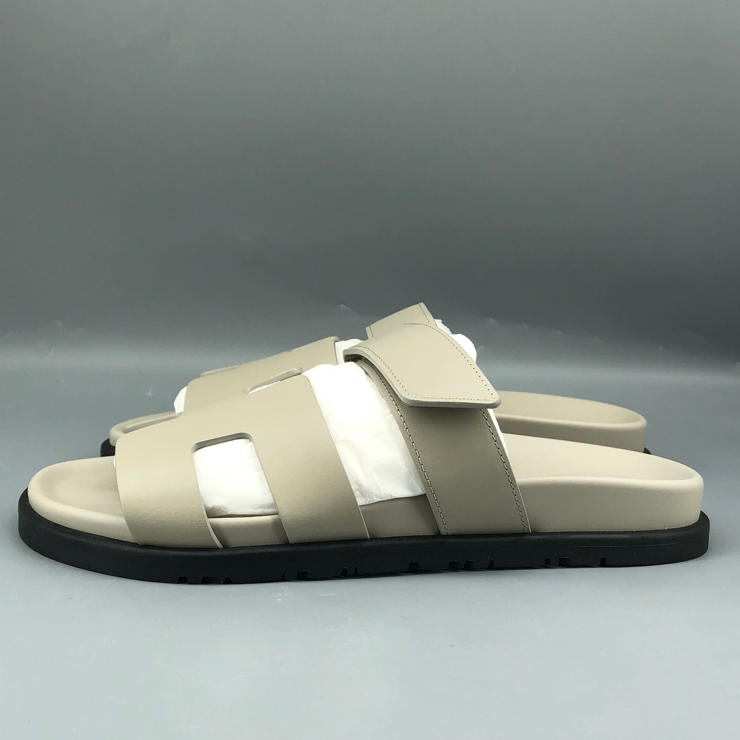 Hermes Chypre Leather Slide Sandals Grey Size 38