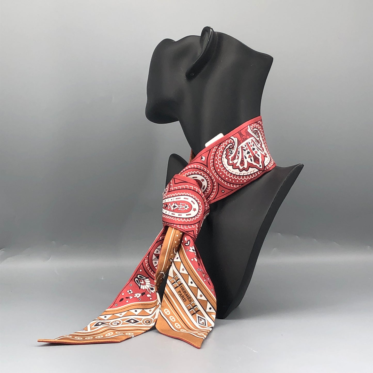 Hermes NWT Caramel Brown Paisley Print Twilly Silk Scarf