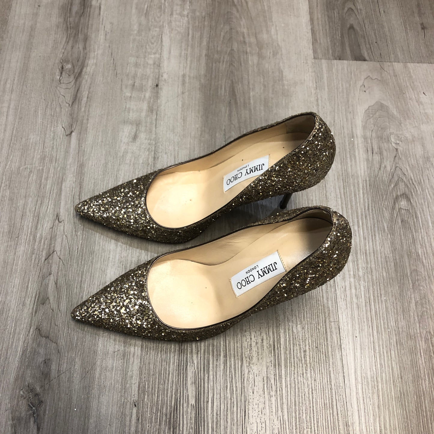 Jimmy Choo Gold Glitter Pointed Toe Pumps 36