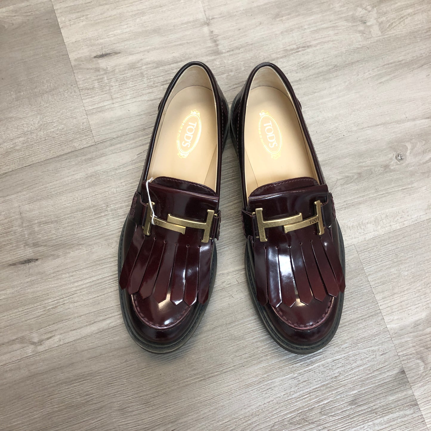 Tod’s Women’s Double T Patent Leather Loafer Shoes 37 Burgundy