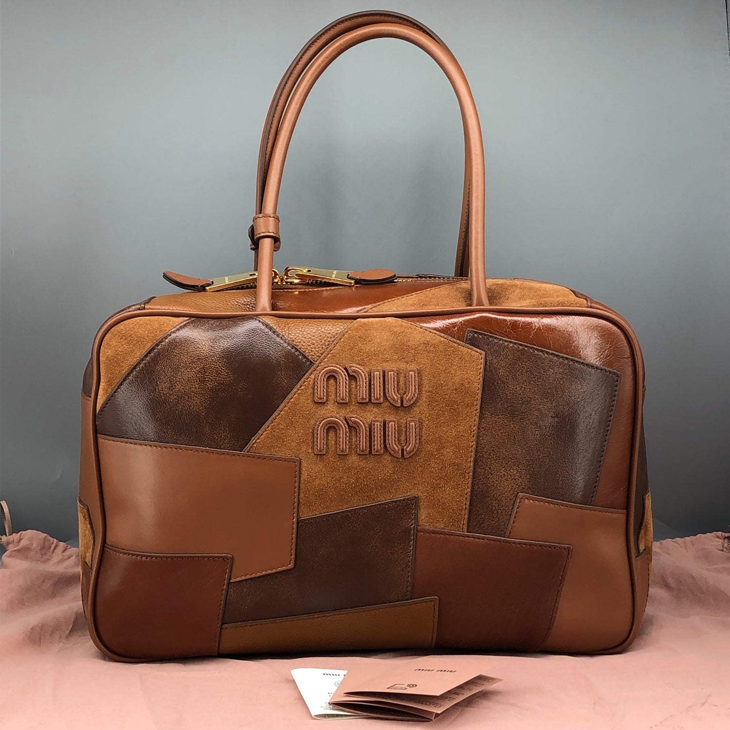 Miu Miu Nappa Patchwork Medium Beau Top Handle Bag Cognac
