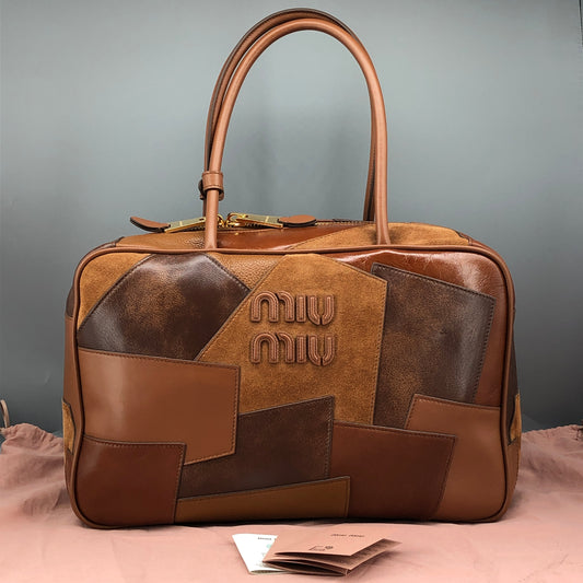 Miu Miu Nappa Patchwork Medium Beau Top Handle Bag Cognac