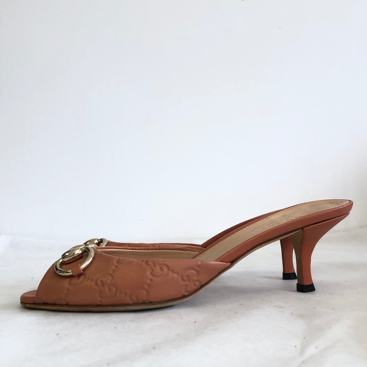 Gucci Women's Coral Leather Women's Horsebit Mule Heels Size 36.5