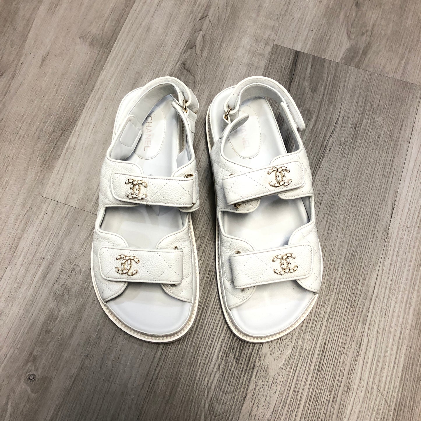Chanel Women's Caviar Leather Interlocking CC Double Strap Slide Sandal Shoes 38 White