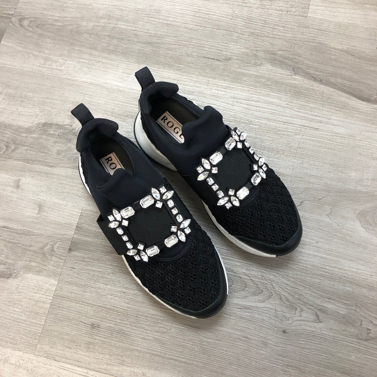 Roger Vivier Women's Mesh Fabric Crystal Buckle Slip-On Sneaker Mule Shoes 36 Black White Two-Tone