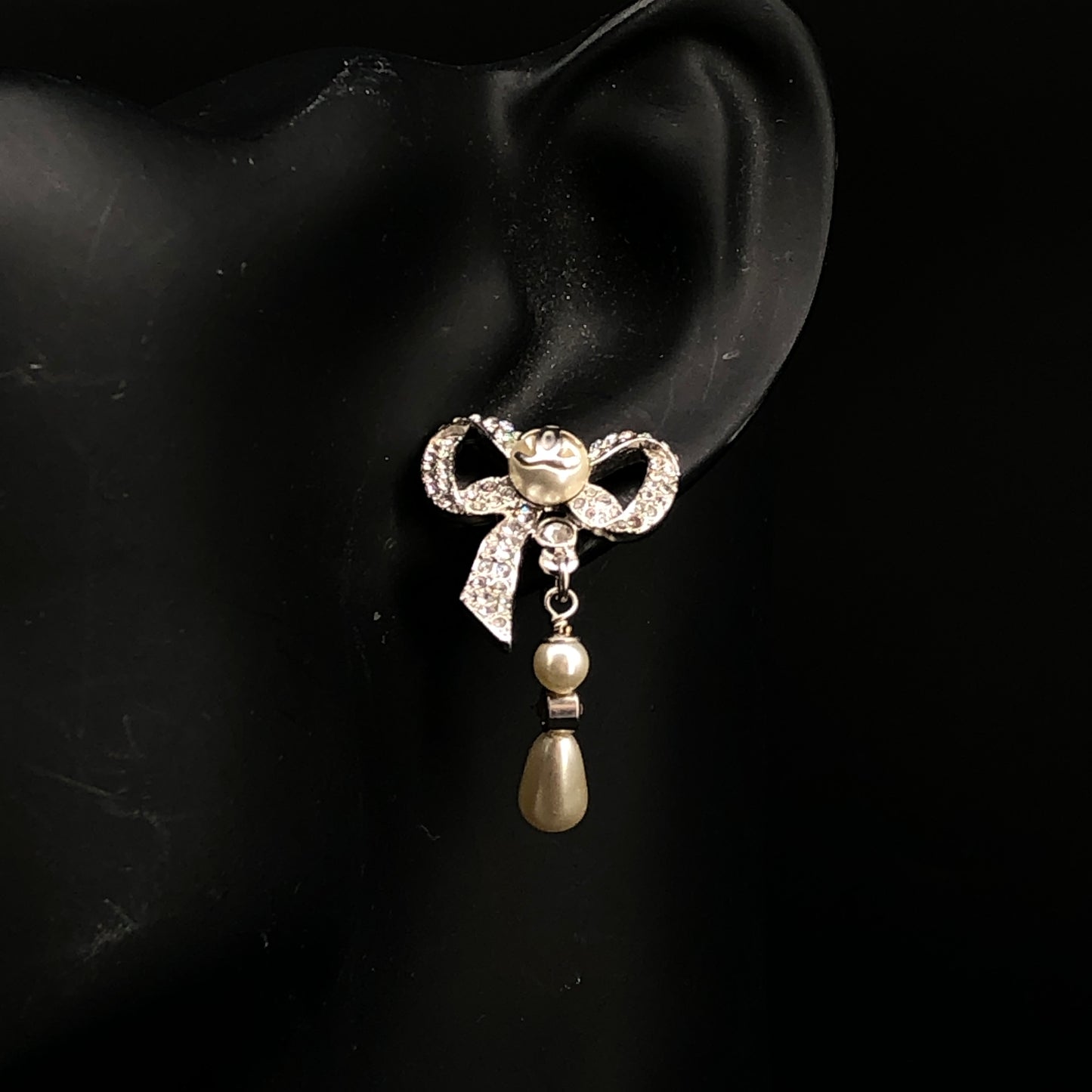 Chanel 2021 Silver-Tone Crystal & Pearl Bow Drop Earrings