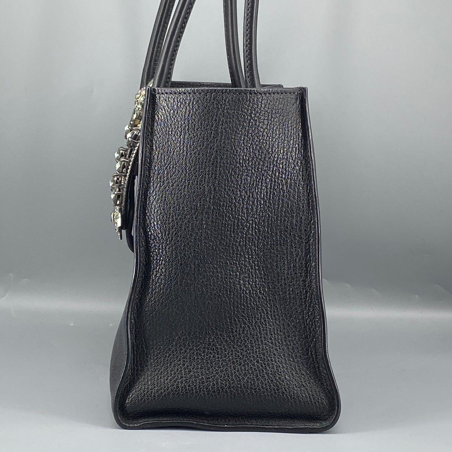 Miu Miu Black Grain Leather Crystal Ornament Top Handle Tote Bag