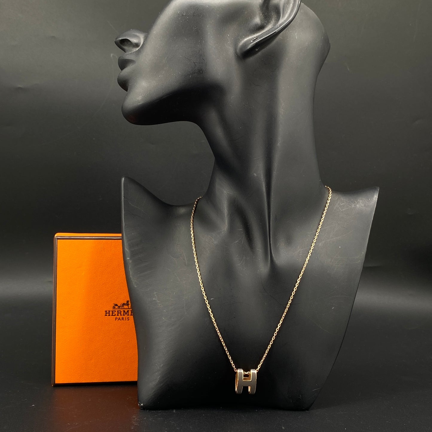 Hermes Grey Enamel Gold H Pendant Necklace