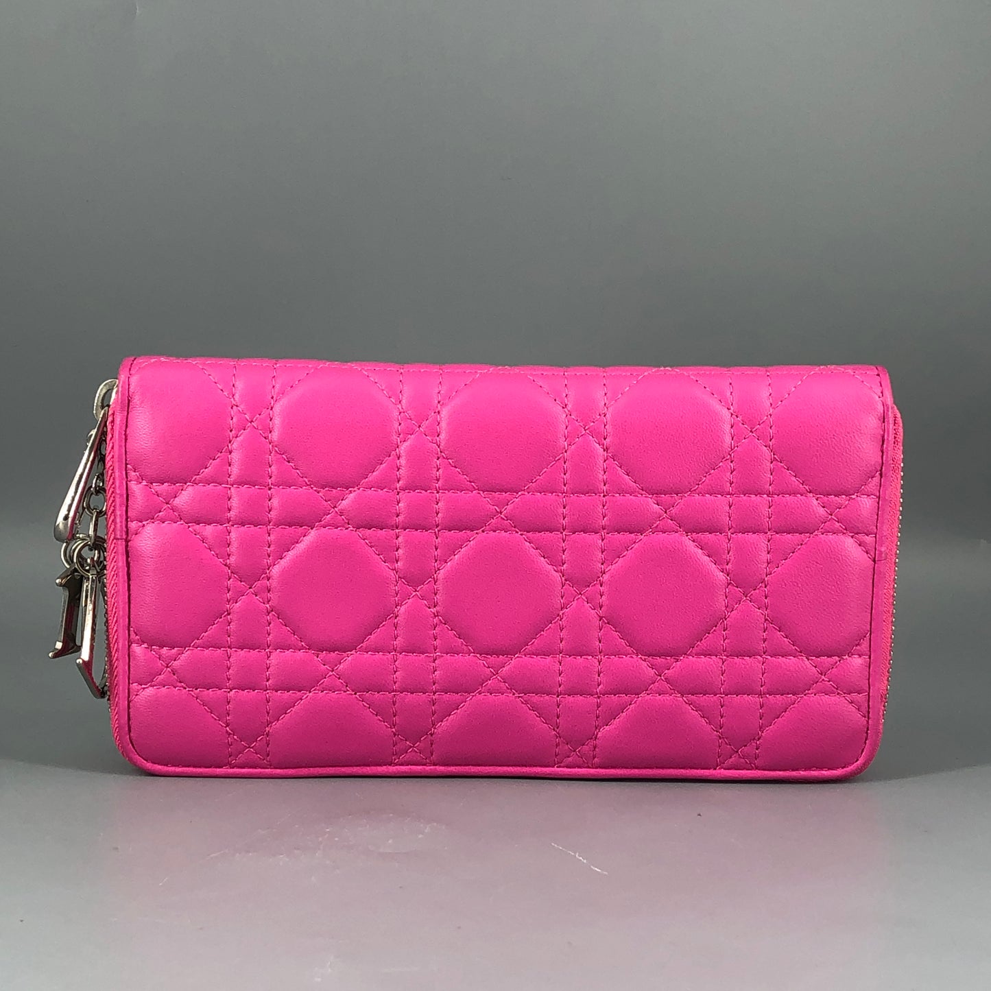 Christian Dior Cannage Quilted Leather Long Zip Around Wallet Hot Pink