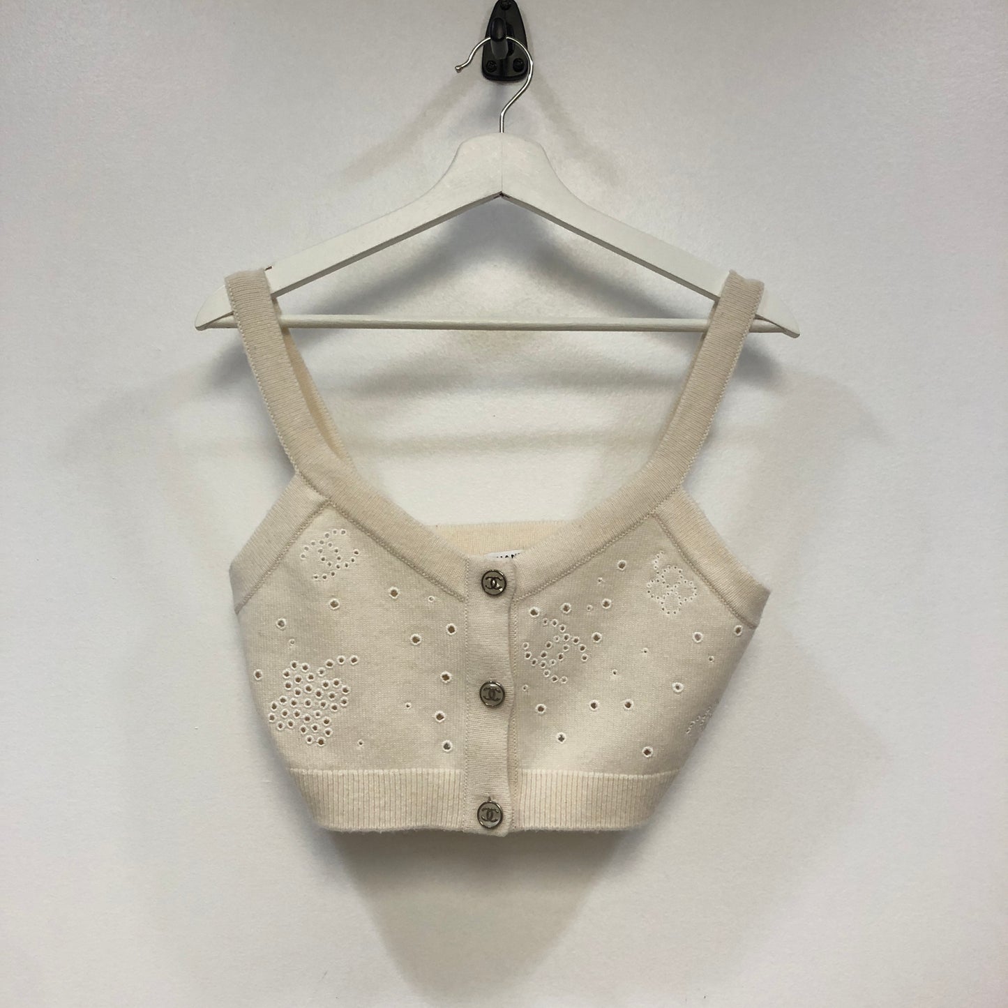 Chanel Eyelet Knit Cropped Camisole Tank Top Size 36 Cream