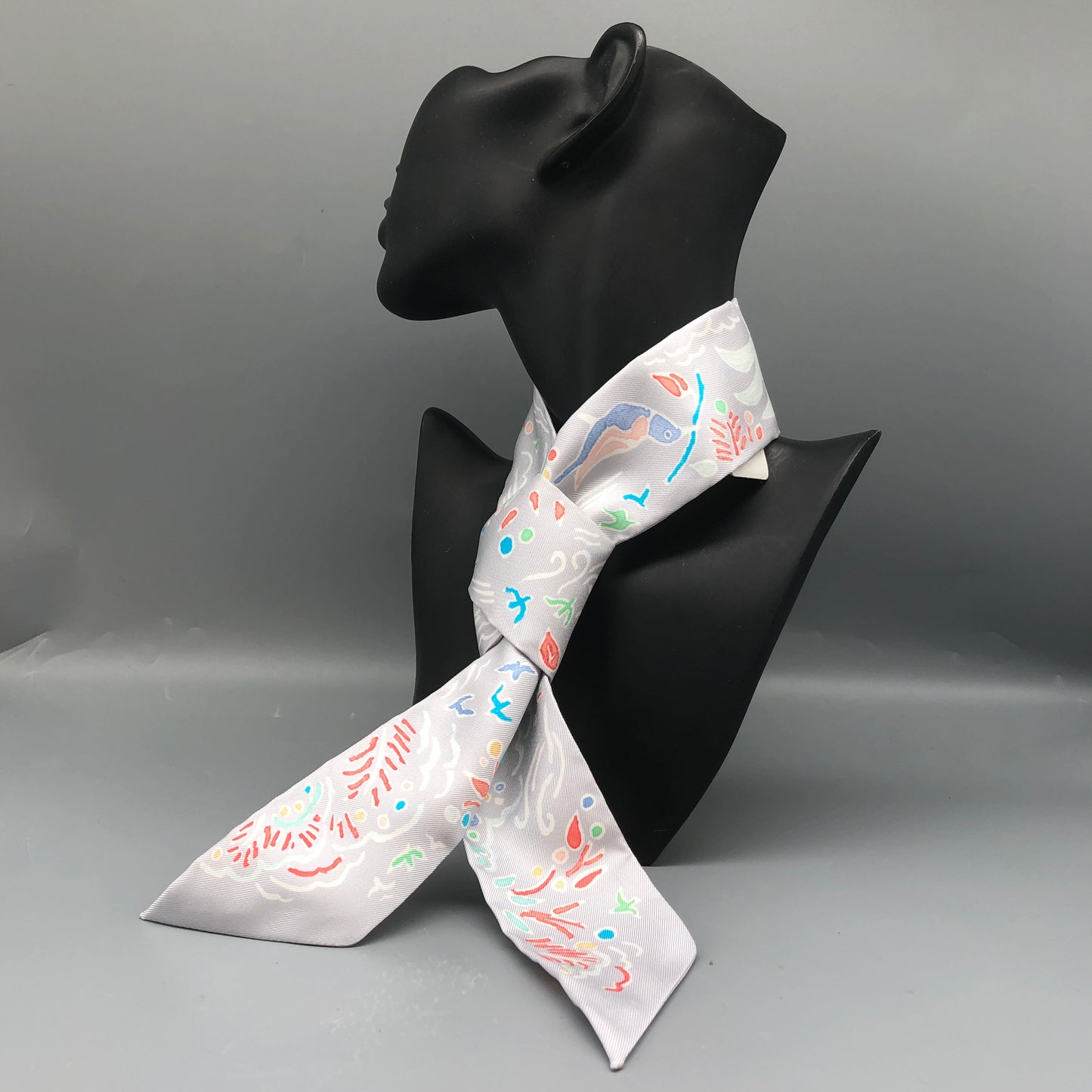 Hermes Set of 2 Twilly Scarves Grey Multi-Color Print
