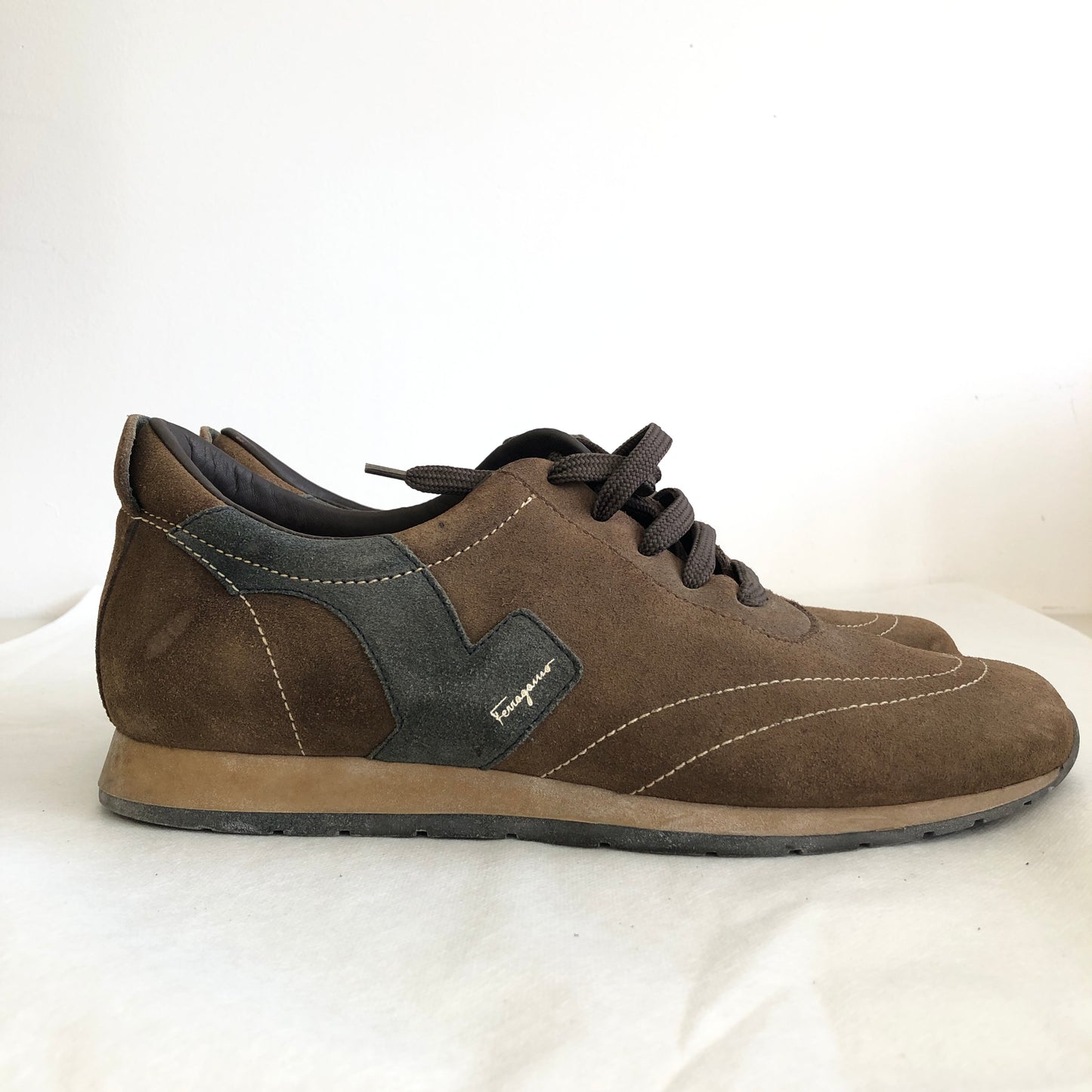 Ferragamo Brown Suede Men's Lace-up Casual Shoes US Size 8.5