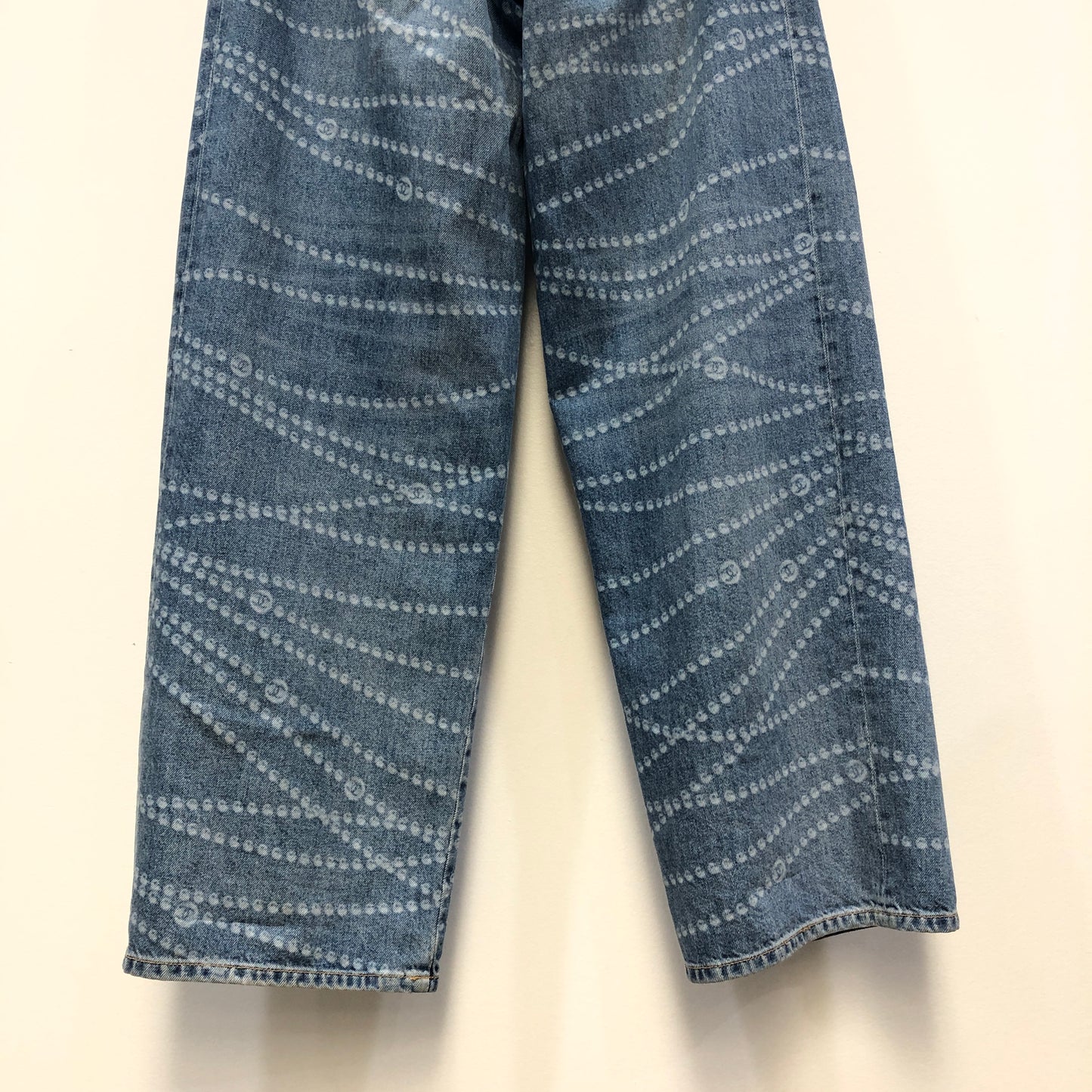 Chanel Denim Blue Straight Leg Denim Pants Stitched CC Pattern Size 36