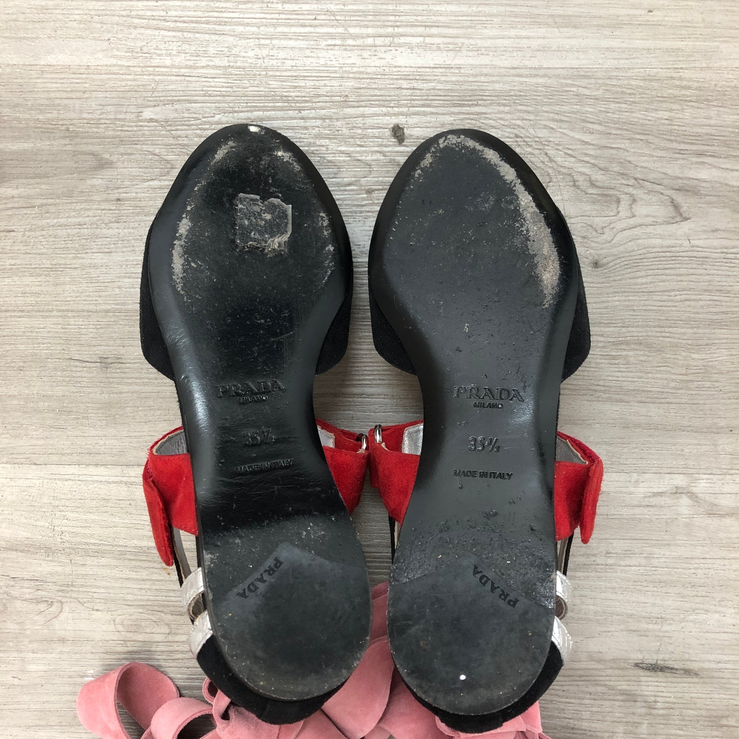 Prada Women's Two-Tone Cutout Patent Leather Ankle Strap Heels 35.5 Black Silver Red Pink