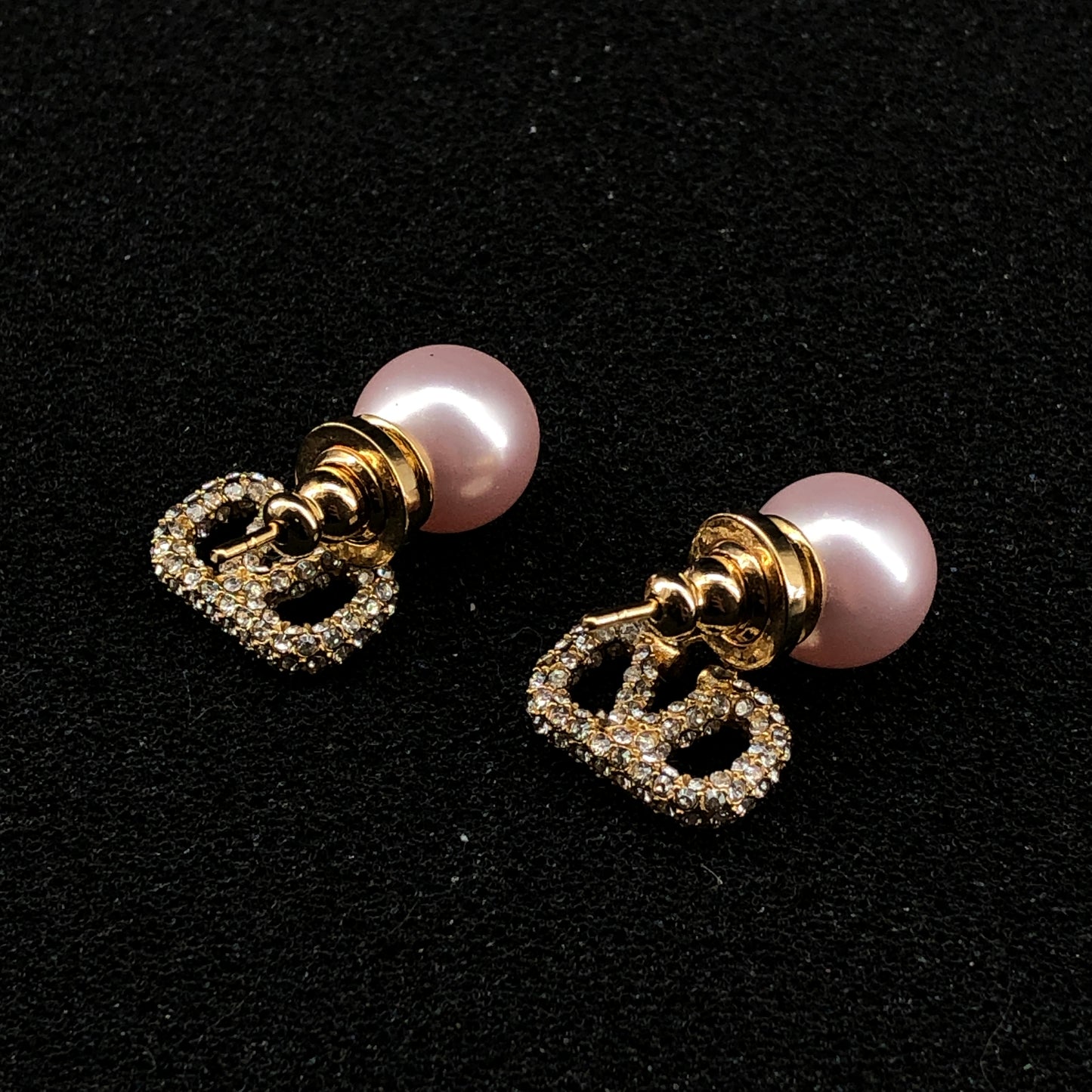 Valentino V Logo Crystal Pink Pearl Drop Stud Earrings Gold Tone