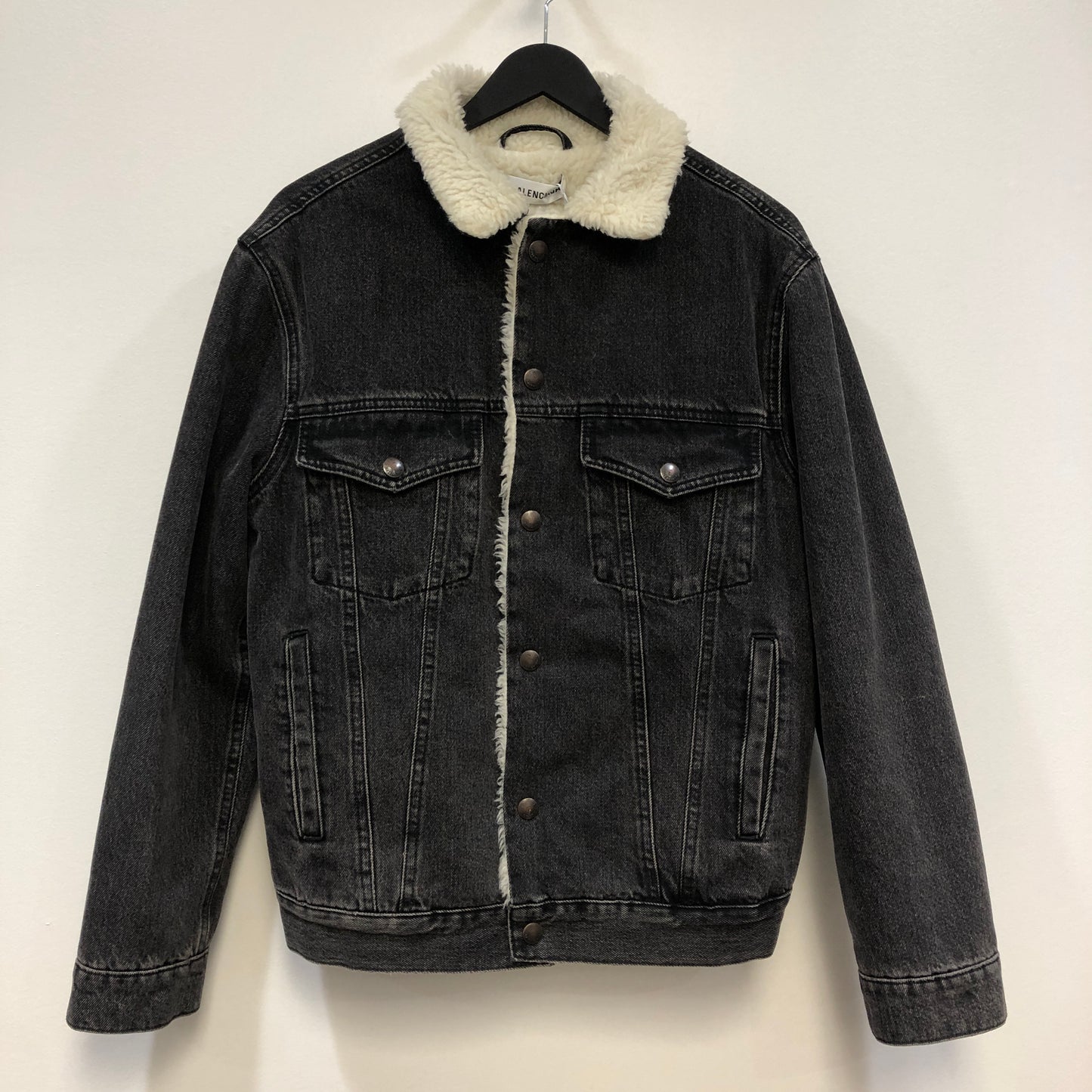 Balenciaga Faded Black Shearling Denim Jacket Size 36
