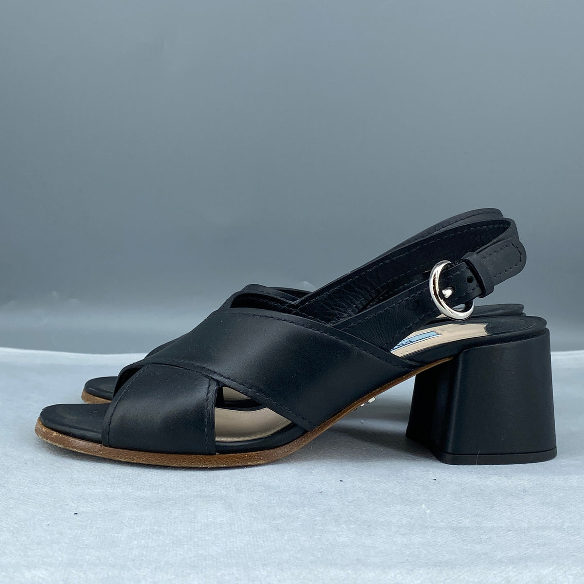 Prada Women's Black Leather Block Heel Slingback Sandal Size 35.5