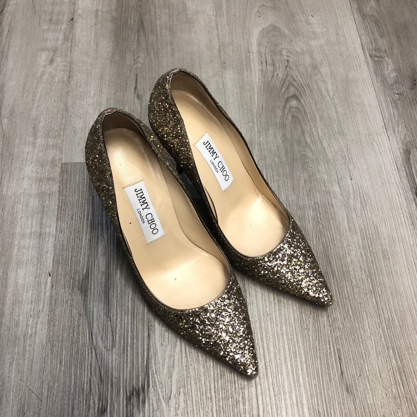 Jimmy Choo Gold Glitter Pointed Toe Pumps 36