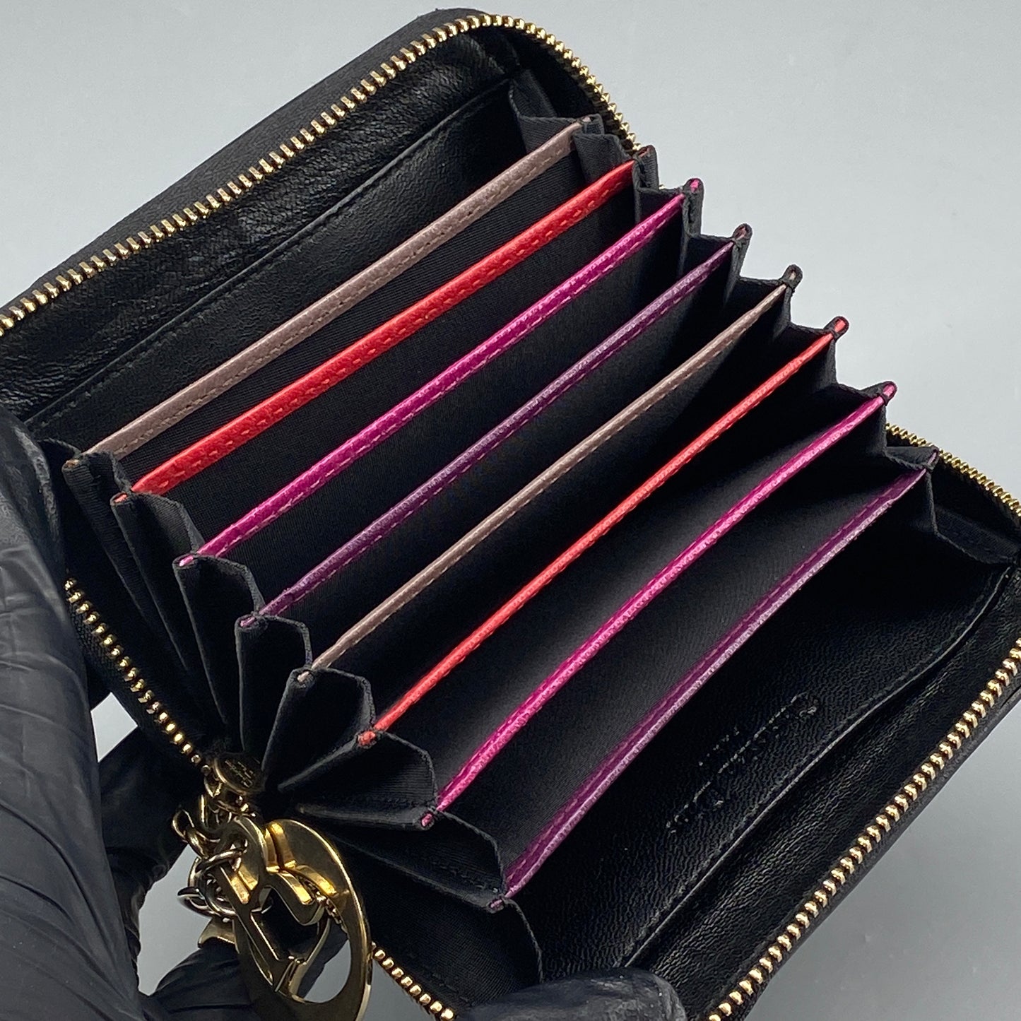 Christian Dior Black Cannage Quilted Zip‑Around Card Wallet