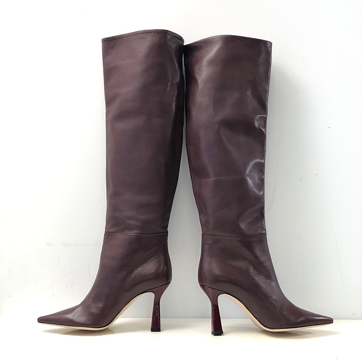 Wandler Deep Red Leather Pointed Toe Knee-High Heeled Boots Size 36.5