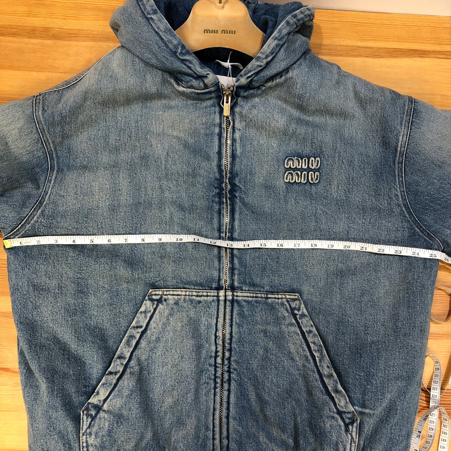 Miu Miu Blue Denim Zip-Up Hooded Jacket Size 40