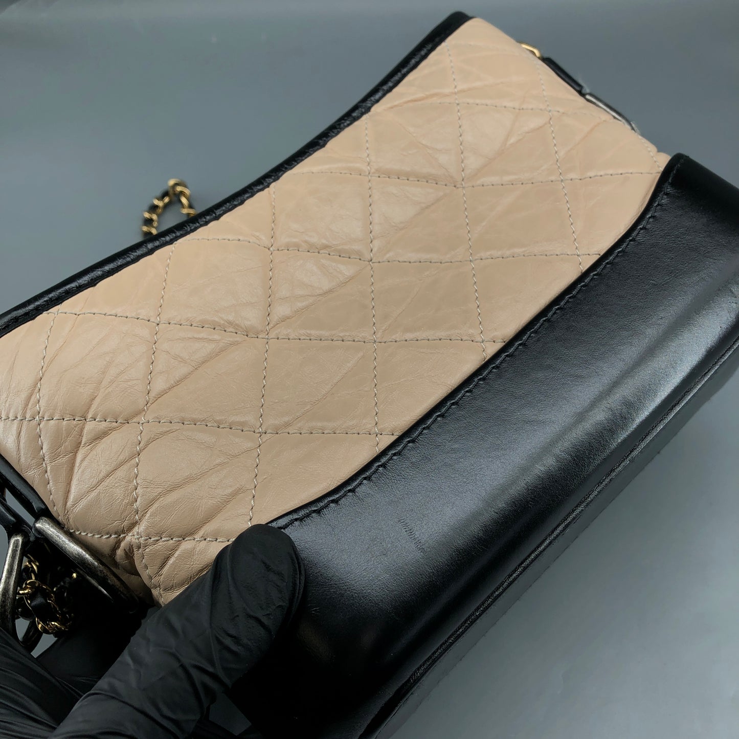 Chanel Aged Calfskin Quilted Small Gabrielle Hobo Beige Black