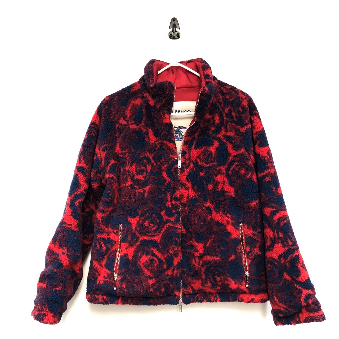 Burberry Navy & Hot Red Floral Fleece Full-Zip Stand Collar Jacket Size 2