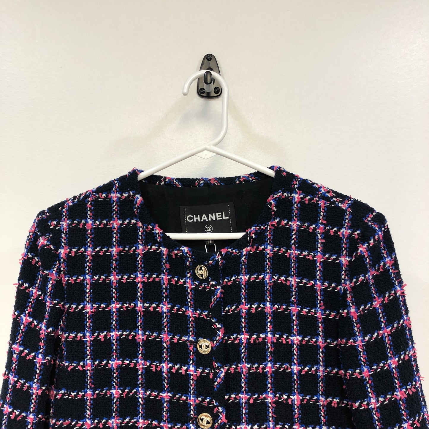 Chanel Black Multicolor Plaid Tweed Jacket, CC Metal Buttons Size 38