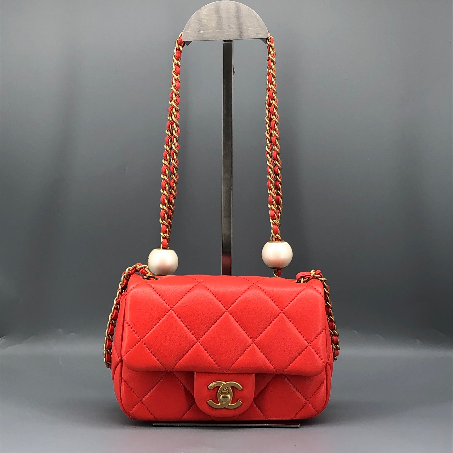 Chanel Mini Quilted Lambskin Flap Bag with Pearl Chain Red