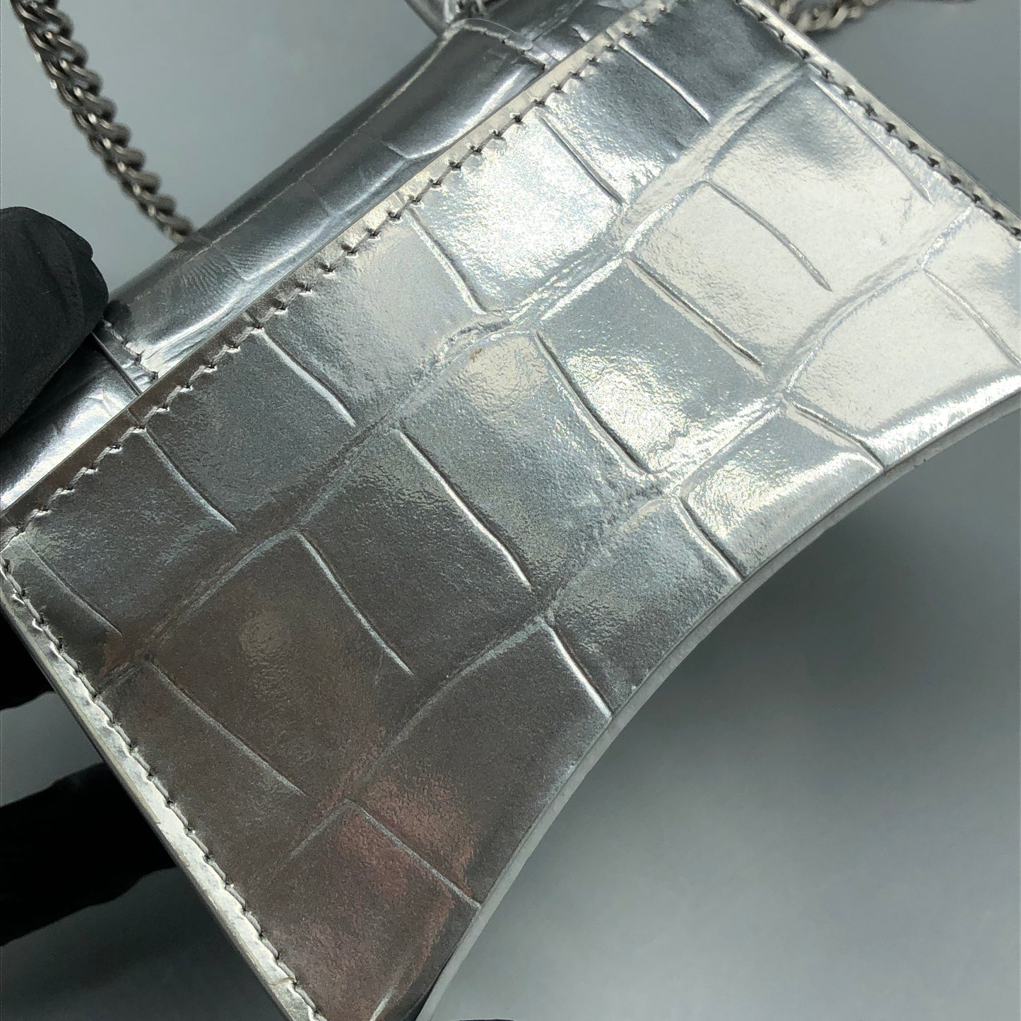 Balenciaga Silver Croc Embossed micro Hourglass Top Handle Bag