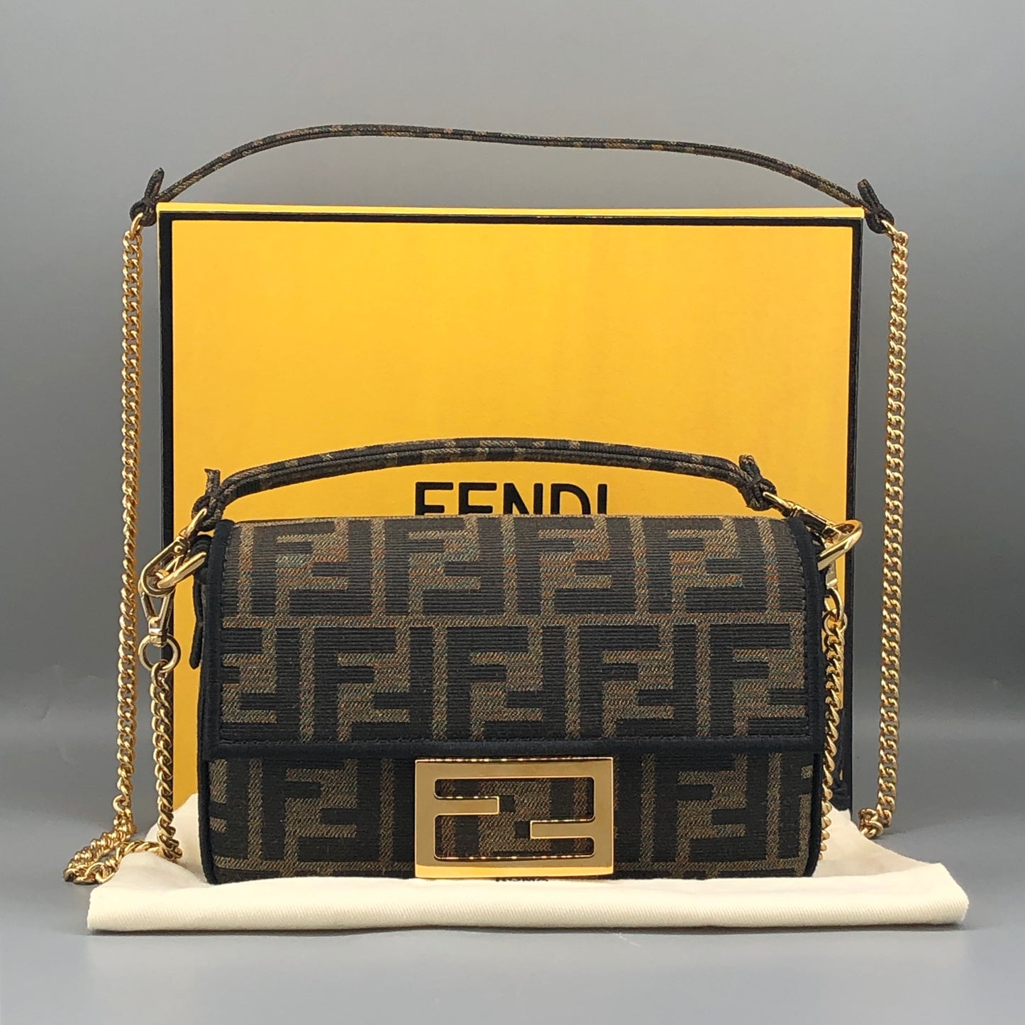 Fendi FF Zucca Baguette Mini Chain Bag Tobacco