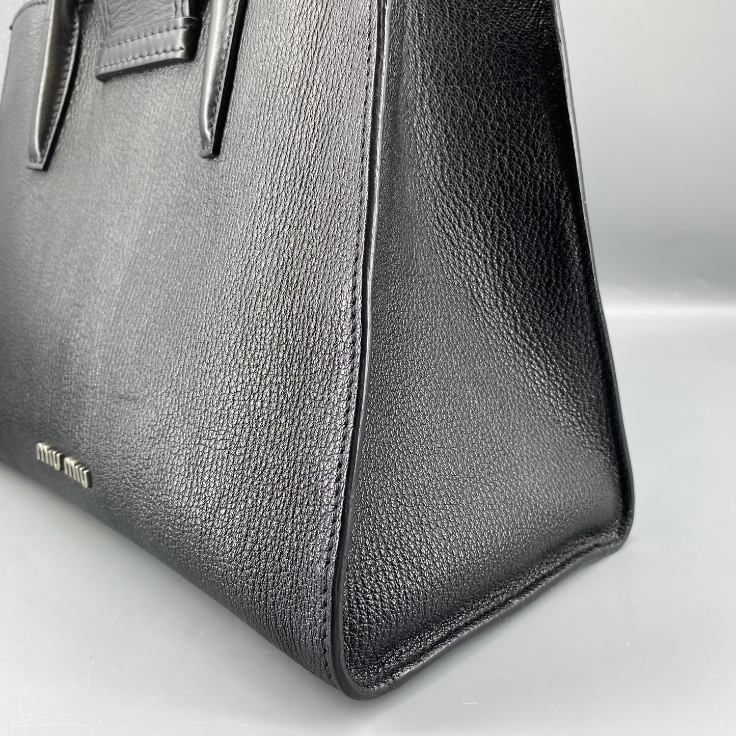 Miu Miu Black Grain Leather Crystal Ornament Top Handle Tote Bag