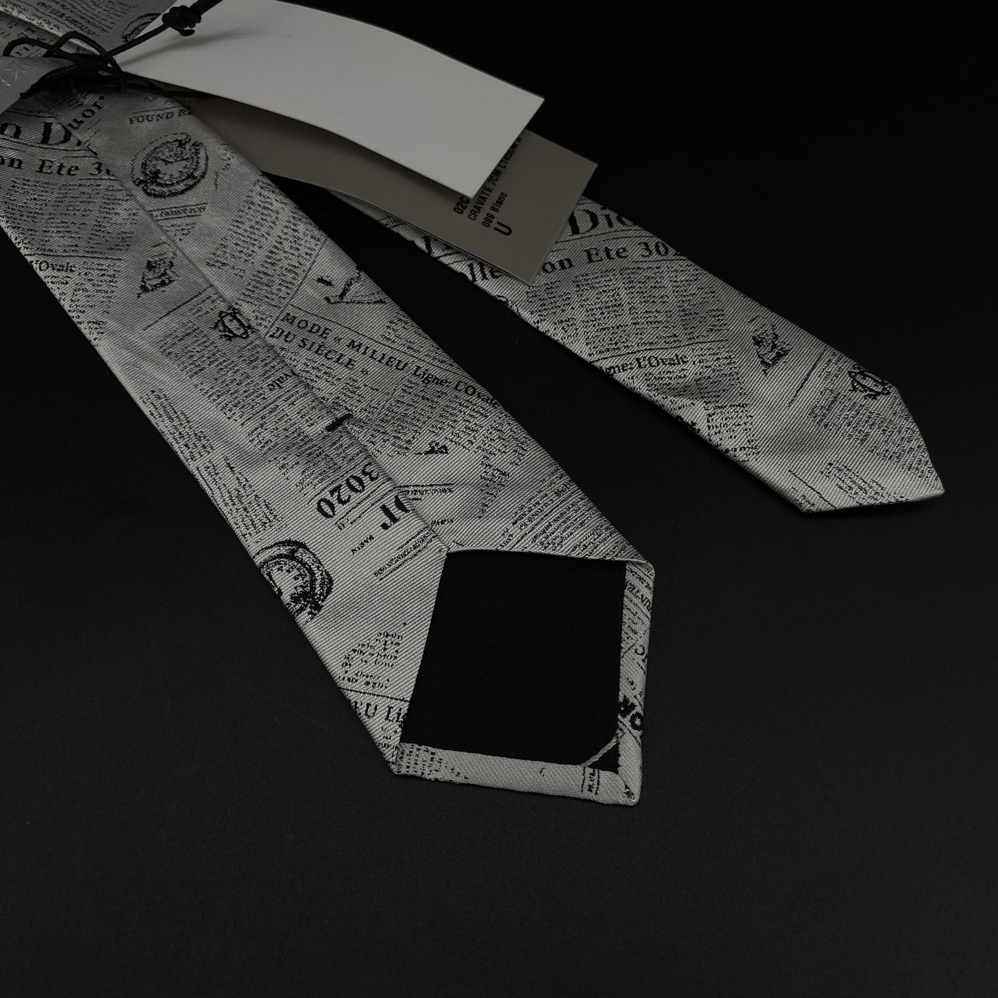 Christian Dior NWT Grey Newspaper Print Silk Tie