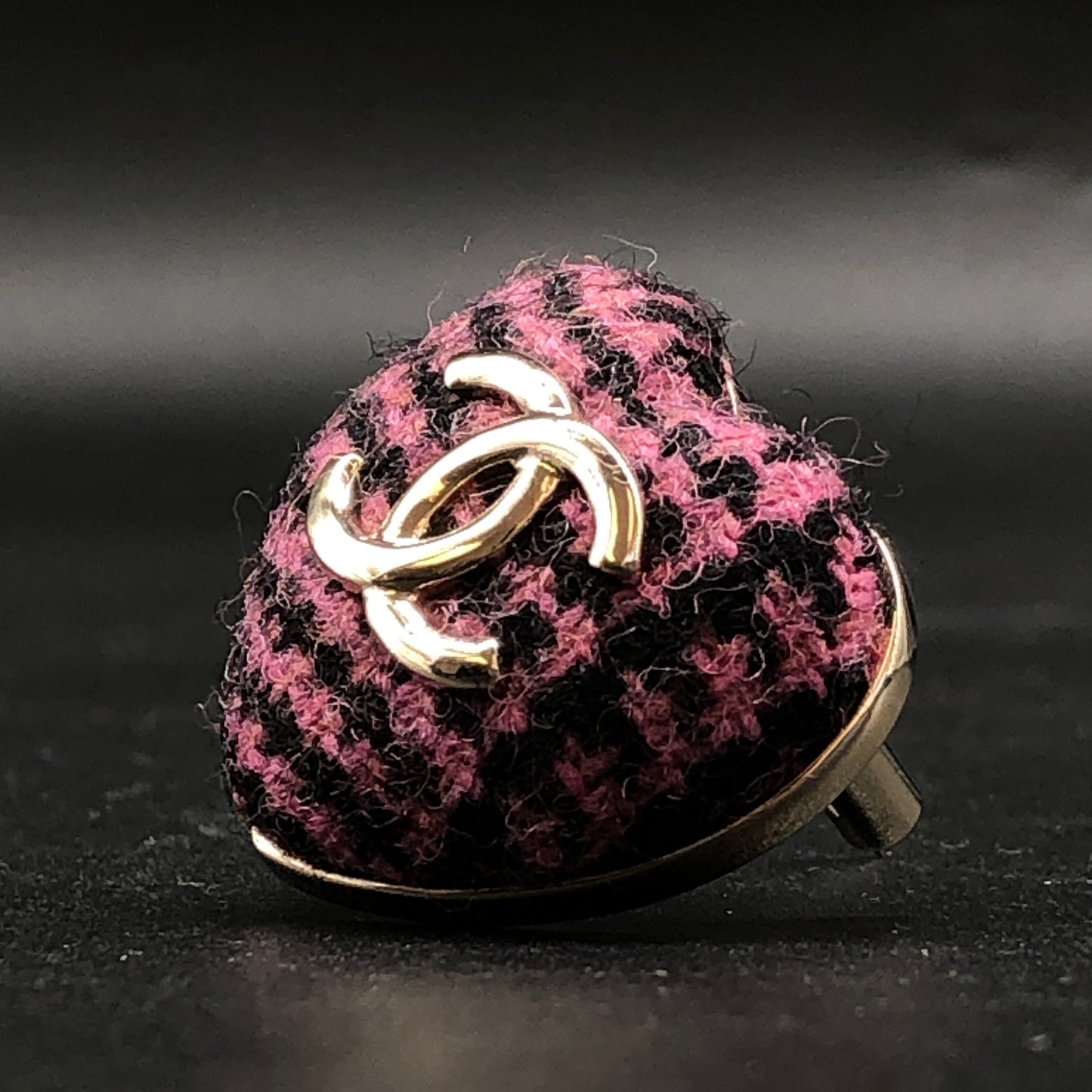 Chanel Pink/Black Houndstooth Heart CC Logo Brooch