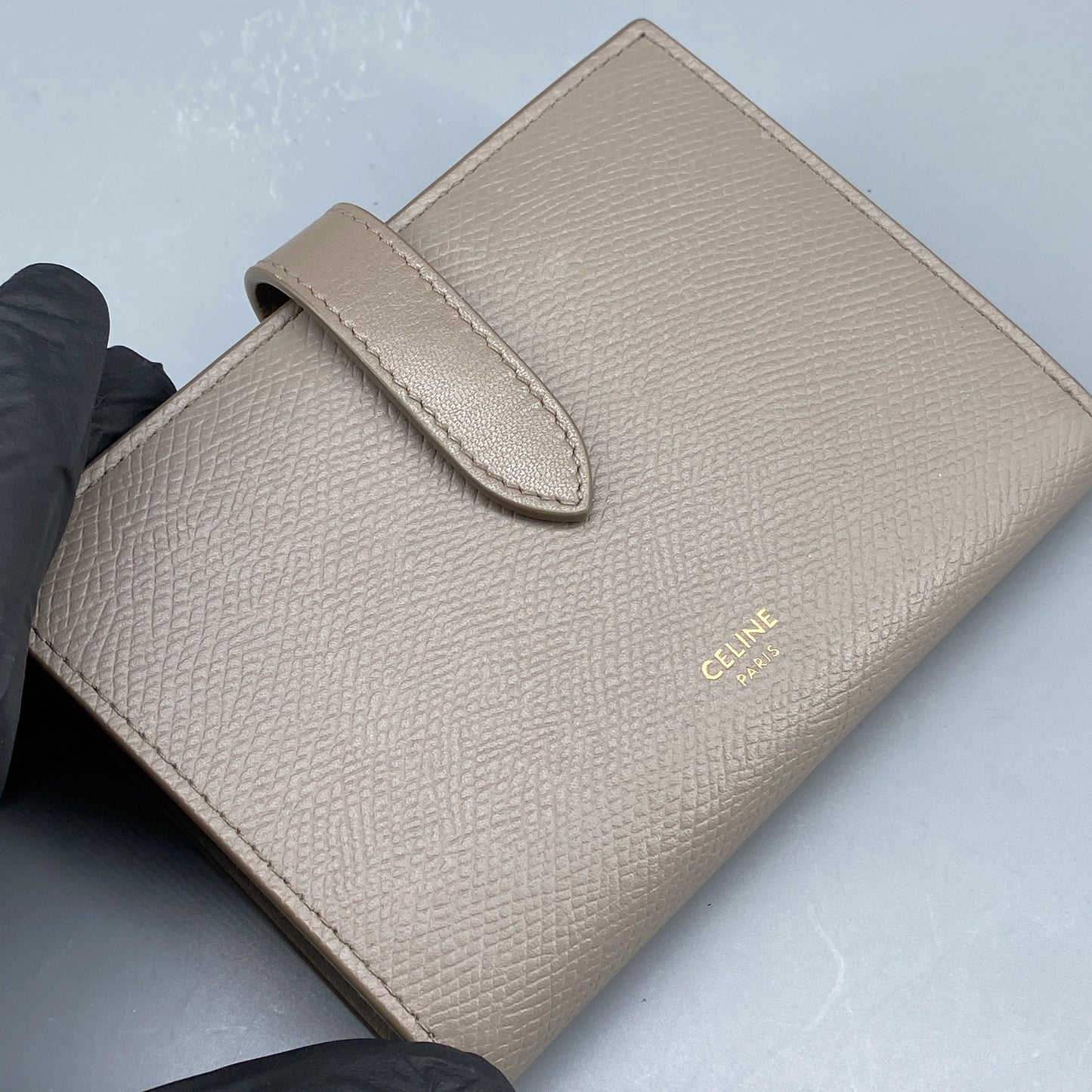 Celine Beige Grained Leather Triomphe Medium Fold Wallet