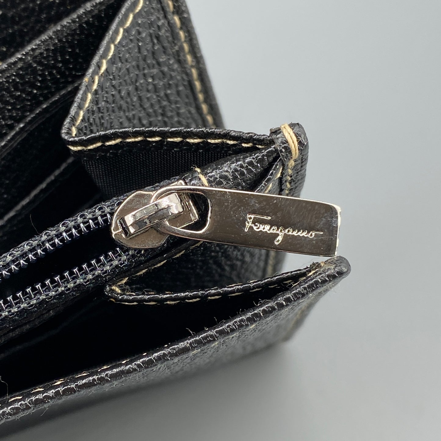 Ferragamo Black Grain Leather Flap Long Wallet