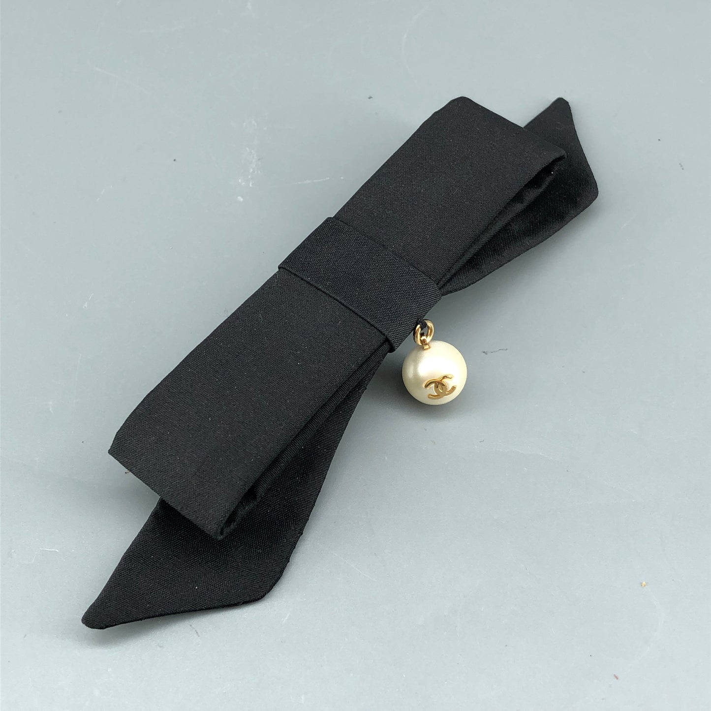 Chanel Black Bow Hair Clip with CC Pearl Charm