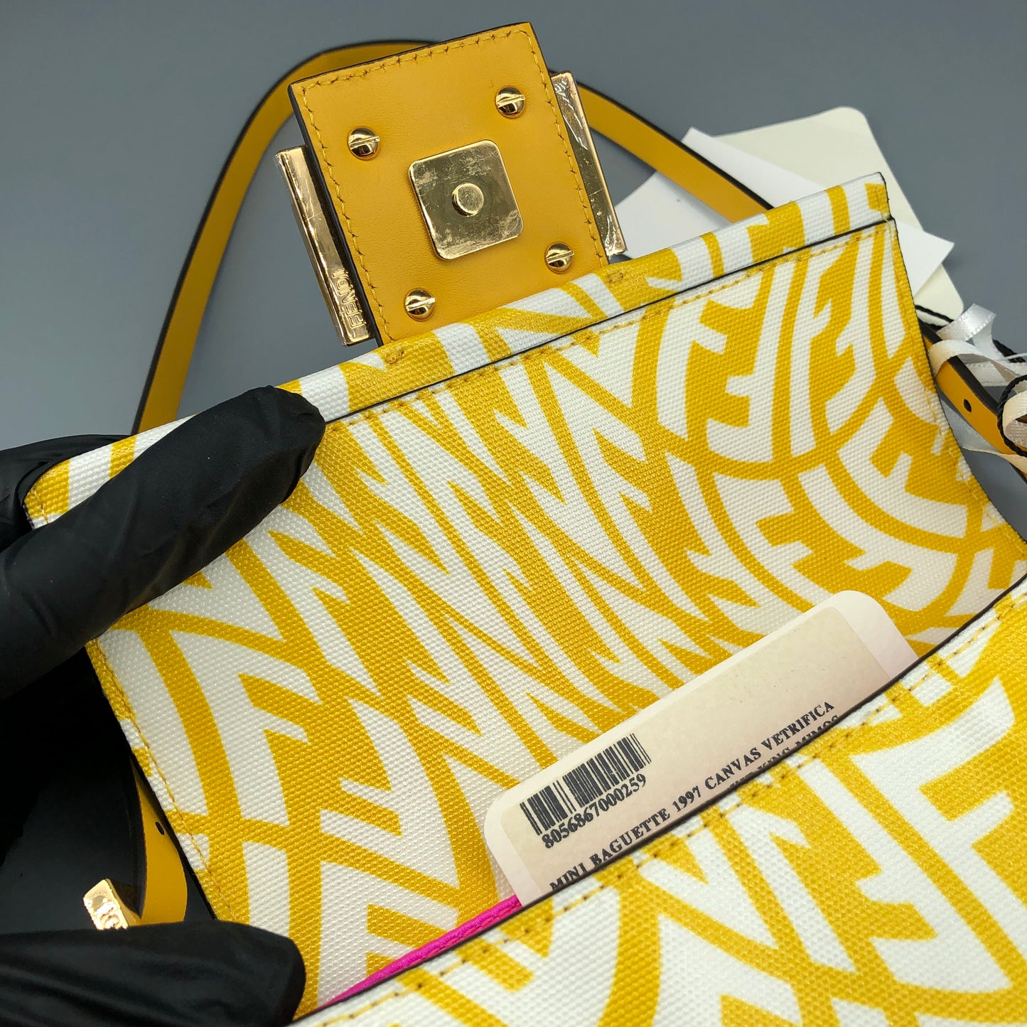 Fendi FF Vertigo Print Leather Baguette Shoulder Bag Yellow