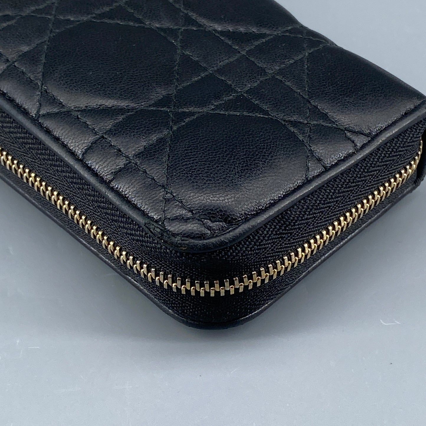 Christian Dior Black Cannage Quilted Zip‑Around Card Wallet