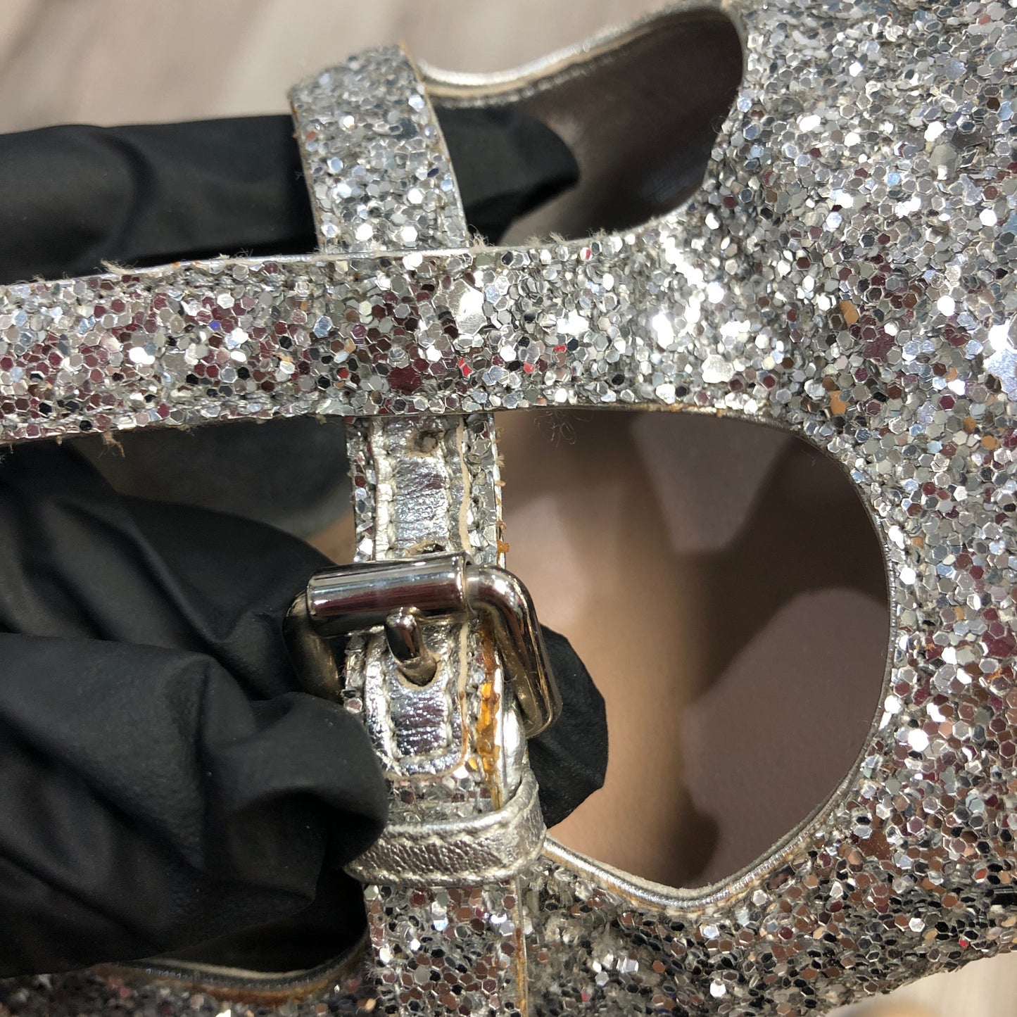 Miu Miu Women's Glitter Mary Jane Ballerina Shoes Size 38 Silver