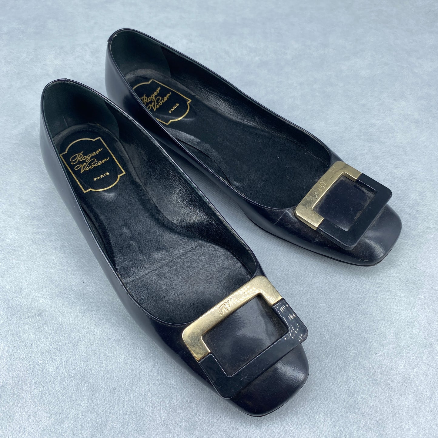 Roger Vivier Women’s Dark Blue Square‑Buckle Flat Shoes