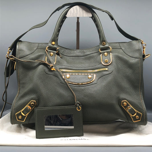 Balenciaga Classic Metallic Edge City Bag Olive Leather Handbag
