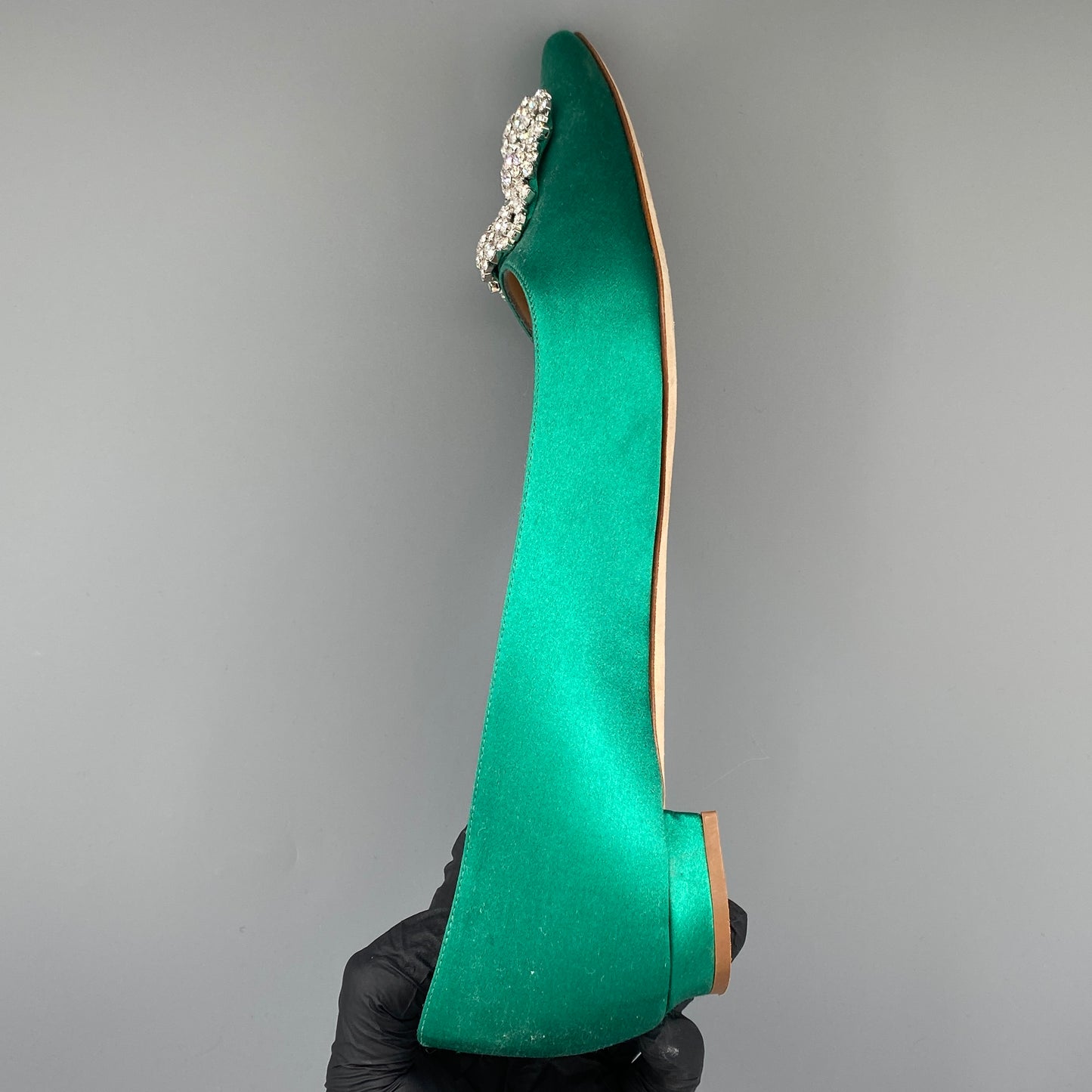 Manolo Blahnik Women's Green Satin Crystal Flat Shoes Size 41