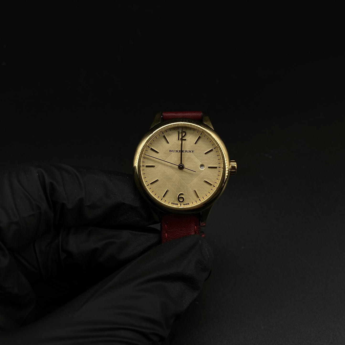 Burberry Gold Case Quartz Watch Dark Red Leather Strap