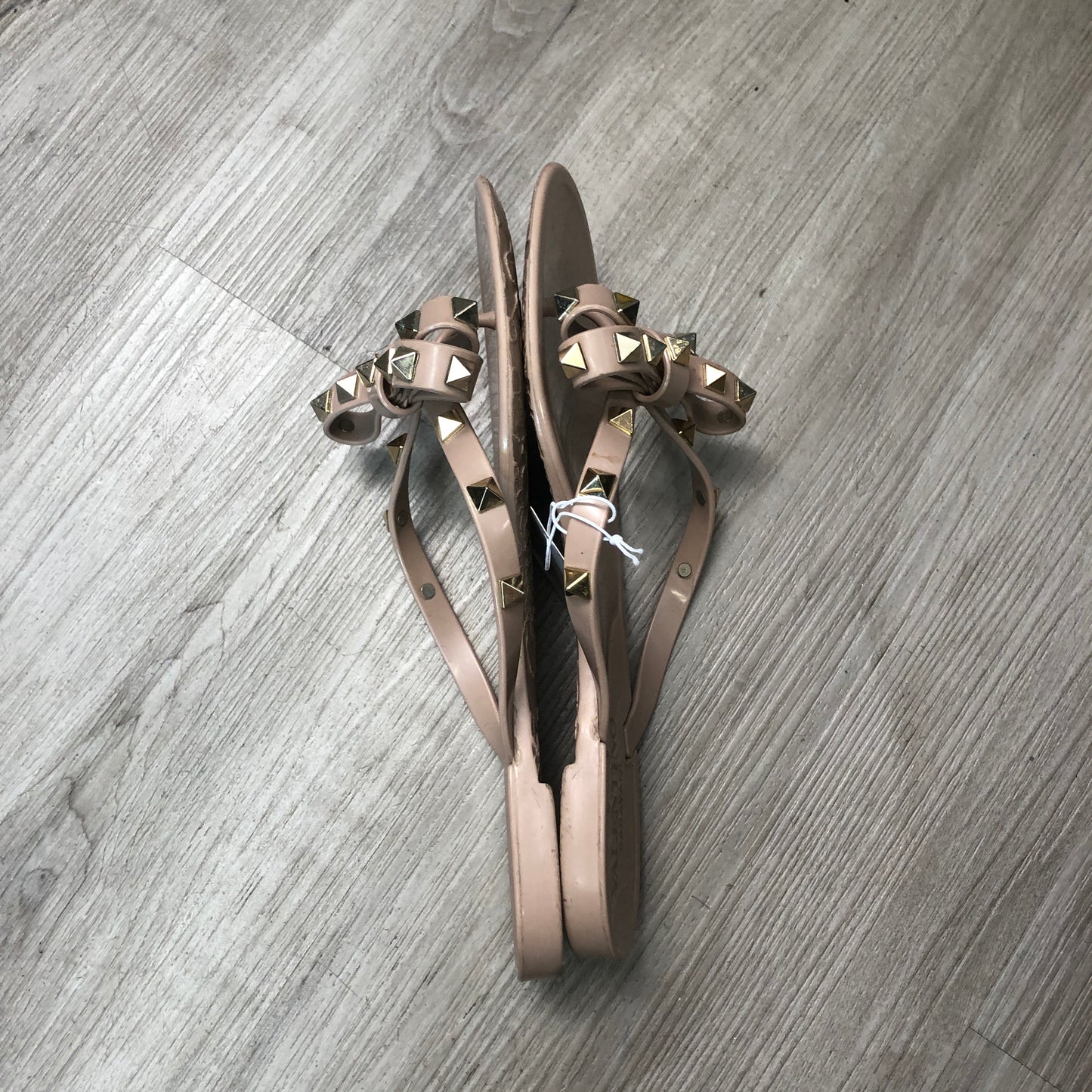 Valentino Nude Smooth Leather Rockstud Flat Slide Sandals 35